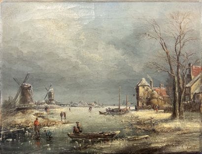 Dutch school. 
Lake in winter. Oil on canvas....