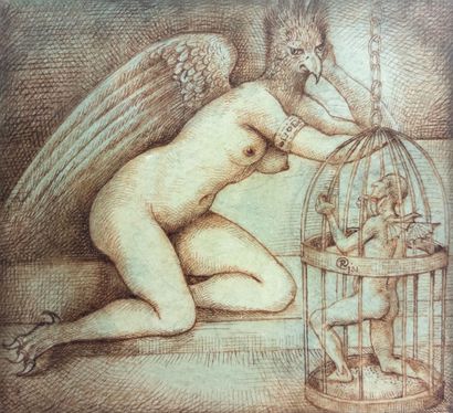 Ecole belge. 
Femme griffon. Dessin sur papier....