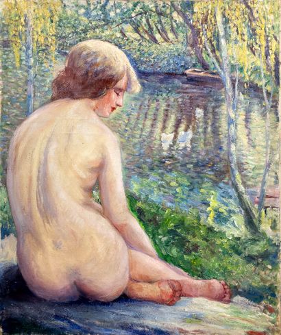 Belgian School. 
Female nude. Oil on canvas....