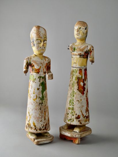 Paire de statuettes, Inde, Bois, peinture,...