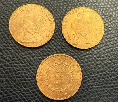 3 gold 20-franc coins including: 1 gold 20-franc...