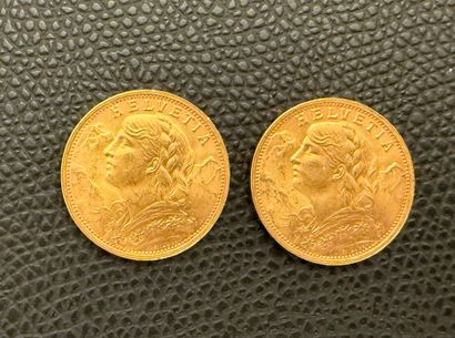 2 Vreneli 20 franc gold coins, - Swiss Cross,...