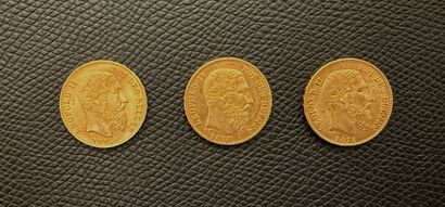 3 pieces of 20 francs gold Leopold II King...