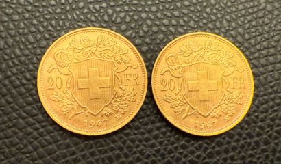 2 Vreneli 20 franc gold coins, - Swiss Cross,...