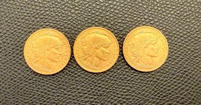 3 pieces of 20 FRANCS gold with rooster,...