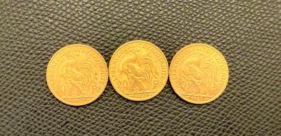 3 pieces of 20 FRANCS gold with rooster,...