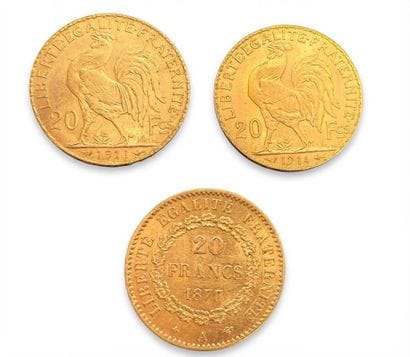 3 pièces de 20 francs or comprenant : 1 pièce...