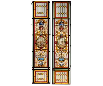 Pair of stained glass windows in polychrome...