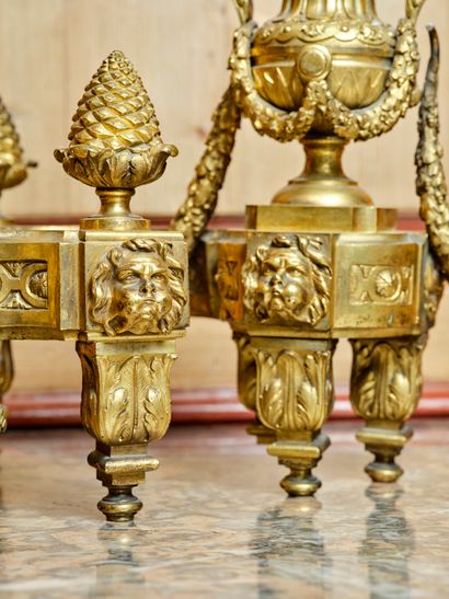 Pair of chased and gilded bronze andirons...