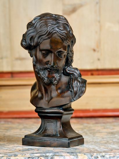 Small brown patina bronze bust of Jesus on...