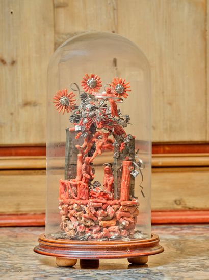 Nativity scene in red coral, silver and wood...