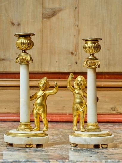 Pair of chased bronze, gilt and white marble...