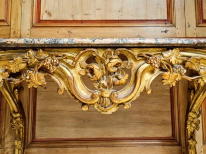 Large curved console table in carved, molded...