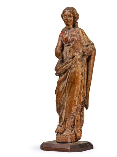 Virgin and Child in carved walnut with polychrome...