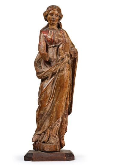 Virgin and Child in carved walnut with polychrome...