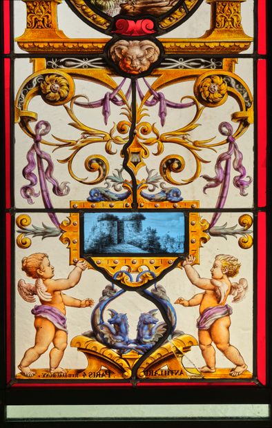 Pair of stained glass windows in polychrome...