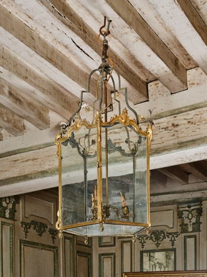 Five-sided, three-light lantern in chased...