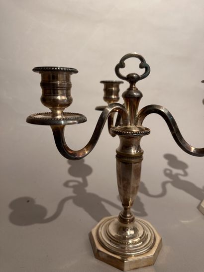 Pair of Louis XVI style silver-plated three-light...