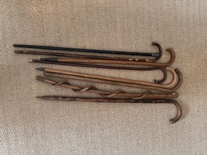 Ensemble de cannes en bois dont une à pommeau...