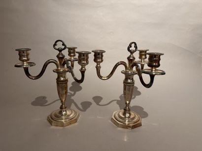 Pair of Louis XVI style silver-plated three-light...