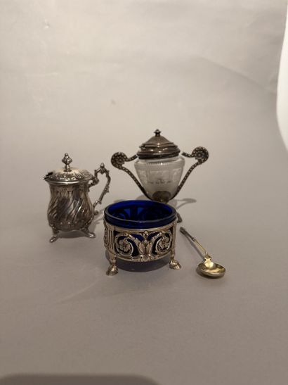 A silver set comprising: a glass-backed MOUTARDIER...