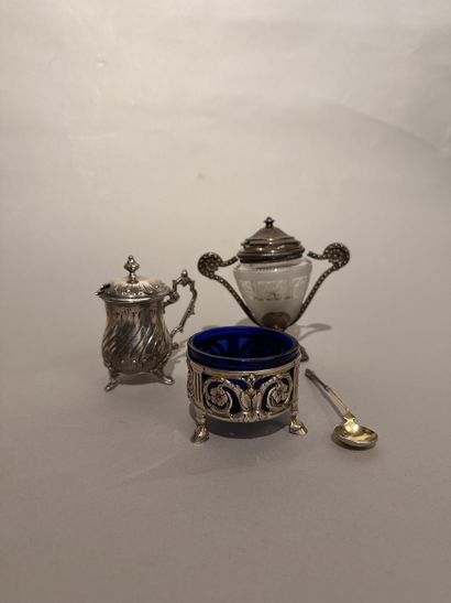 A silver set comprising: a glass-backed MOUTARDIER...