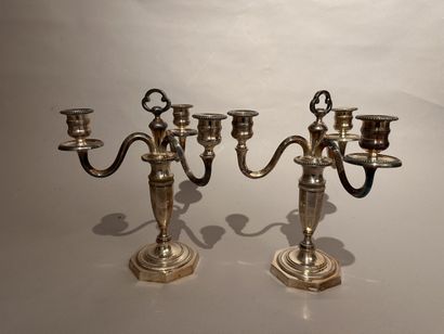 Pair of Louis XVI style silver-plated three-light...