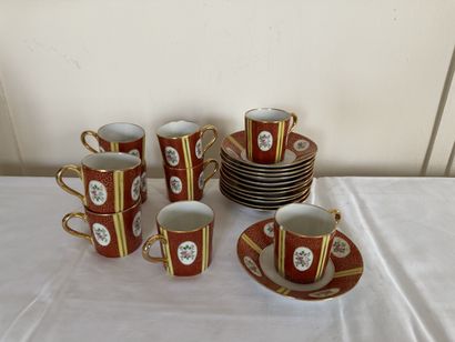 LIMOGES 
Suite of porcelain mocha cups decorated...