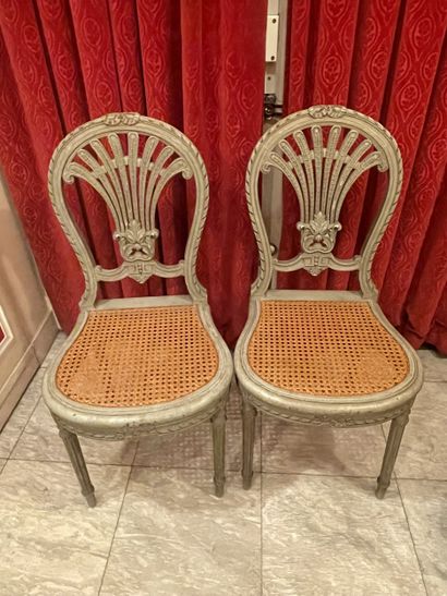 Pair of Louis XVI style green lacquered caned...