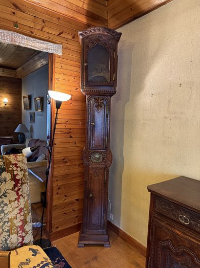 Oak parquet clock, carved with friezes of...