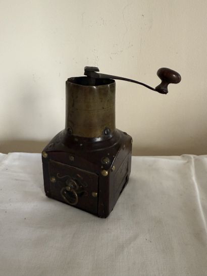 Wooden and brass PEPPER MILL, the base decorated...