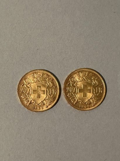 Two 20 Swiss franc PIECES in 1949 gold.