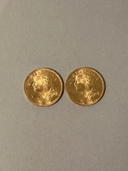 Two 20 Swiss franc PIECES in 1949 gold.