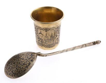 GOBELET and SPOON in 84 zolotniks silver...