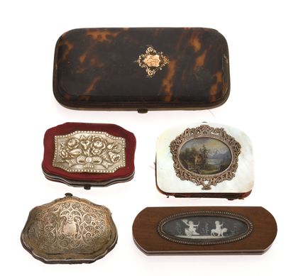 Set of four MINAUDIERES and a PILLOUS BOX:...