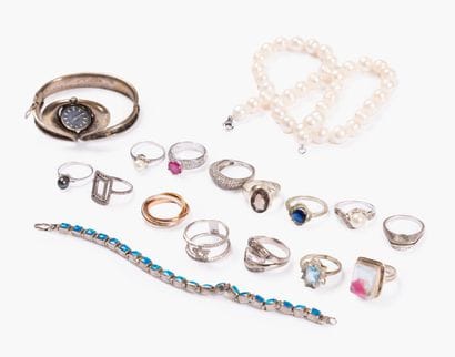 Silver, metal and stone jewelry set including...