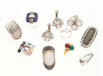 Set of six silver rings, one gold-plated...