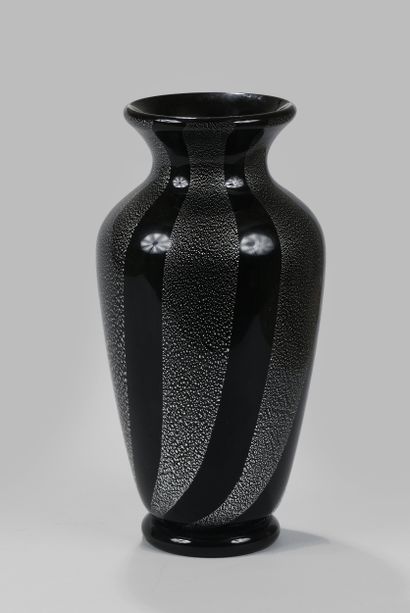ITALIAN work 
Black-tinted glass vase decorated...