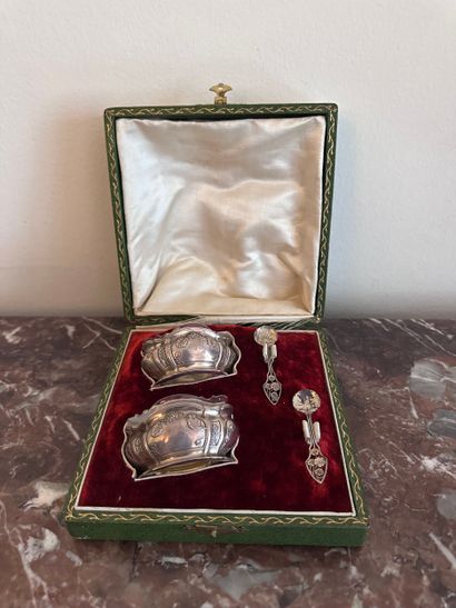 Pair of silver SALERONS and two small spoons...