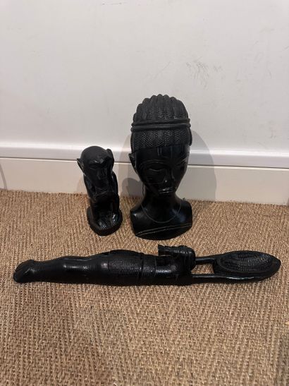 Set of three SCULPTURES in ebony including:...