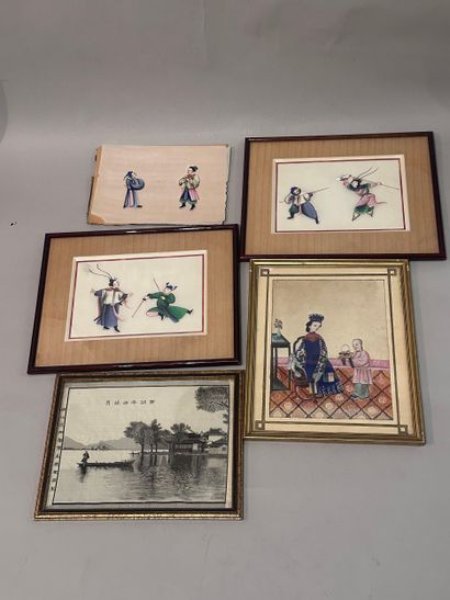 CHINA, Canton - Set of four GOUACHES on rice...