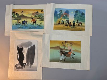 VIETNAM - Set of four INKS on paper decorated...