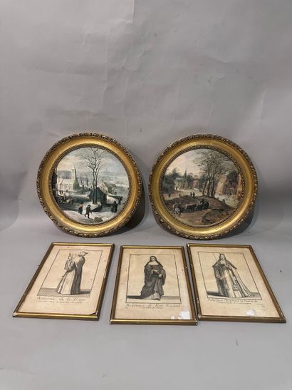Set of framed PIECES: three black engravings...