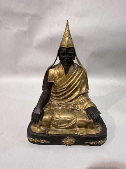 TIBET - BUDDHA in bronze with golden and...