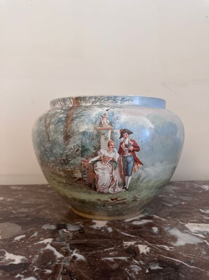 Earthenware CACHE-POT with painted gallant...