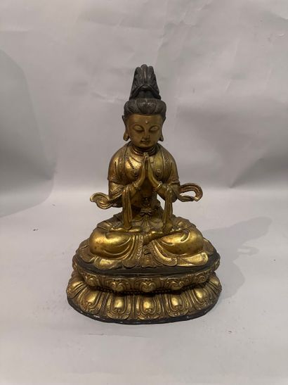 CHINA - Gilt bronze BUDDHA seated on a base...