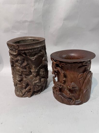 CHINA - Two large carved wood PENCIL HOLDERS:...