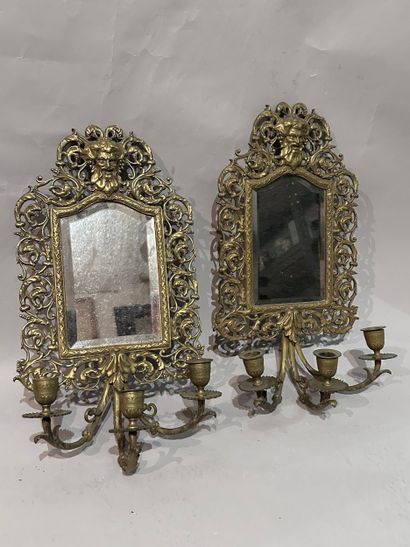 Pair of three-light ormolu MIRRORS, surmounted...