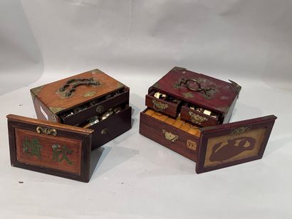 Two Mahjongg game boxes in veneer and gilded...