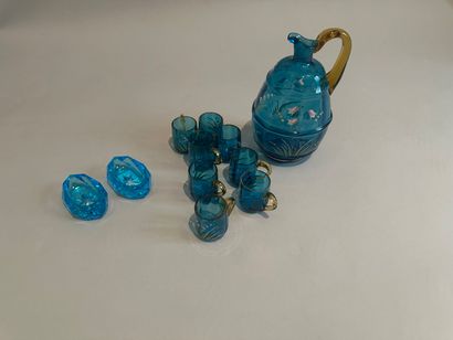 Blue enameled glass liquor CABARET with polychrome...